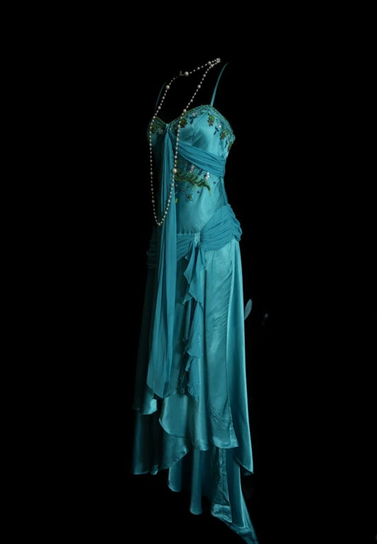 Elegant Turquoise Prom Dress Satin Beaded Spaghetti Straps Long Evening Dress DP05030