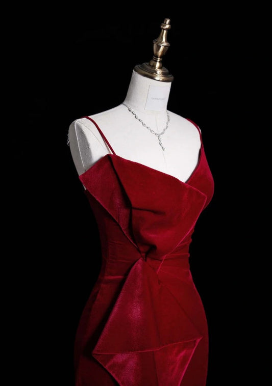 Chic Mermaid Burgundy Prom Dress Sapghetti Straps Velvet Evening Dress DP05072