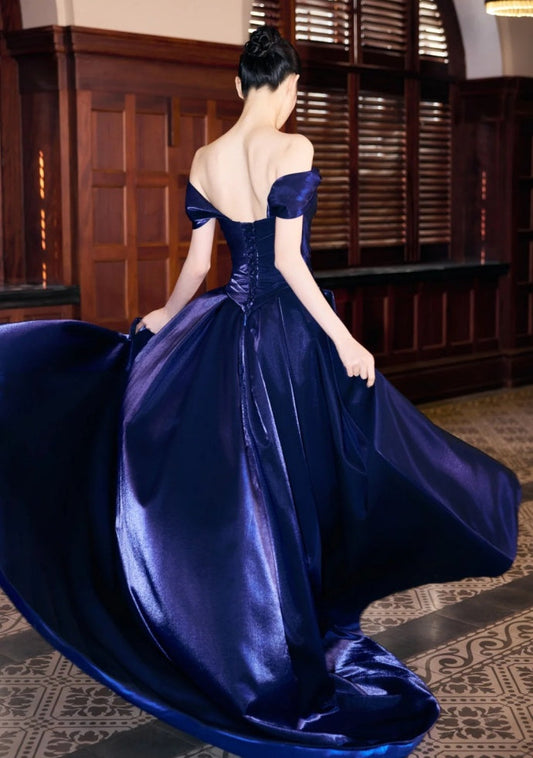 Fairy A-Line Navy Blue Prom Dress Satin Sleeveless Evening Dress DP05086