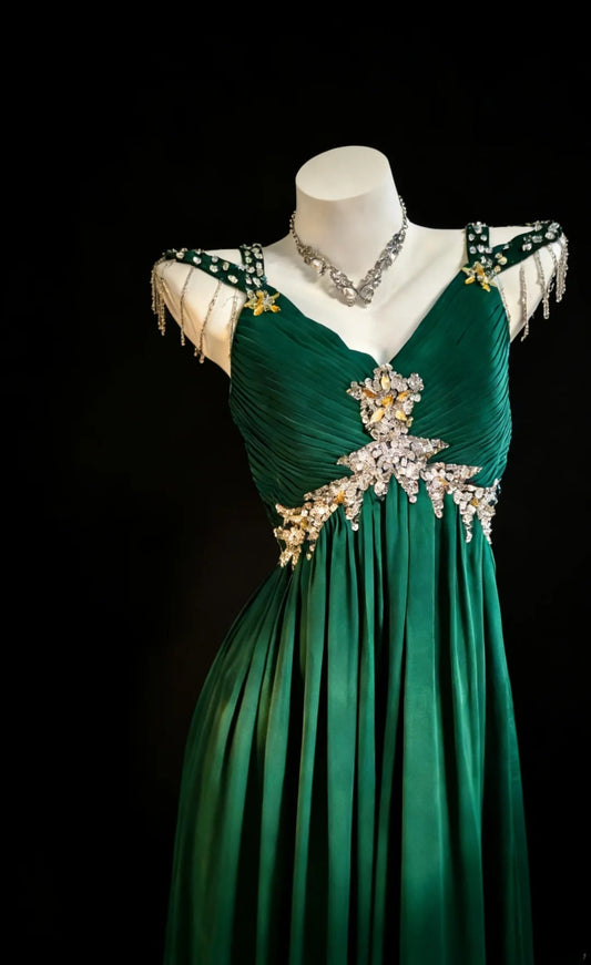 Fairy Sheath Dark Green Prom Dress Chiffon Beaded Sleeveless Evening Dress DP05087