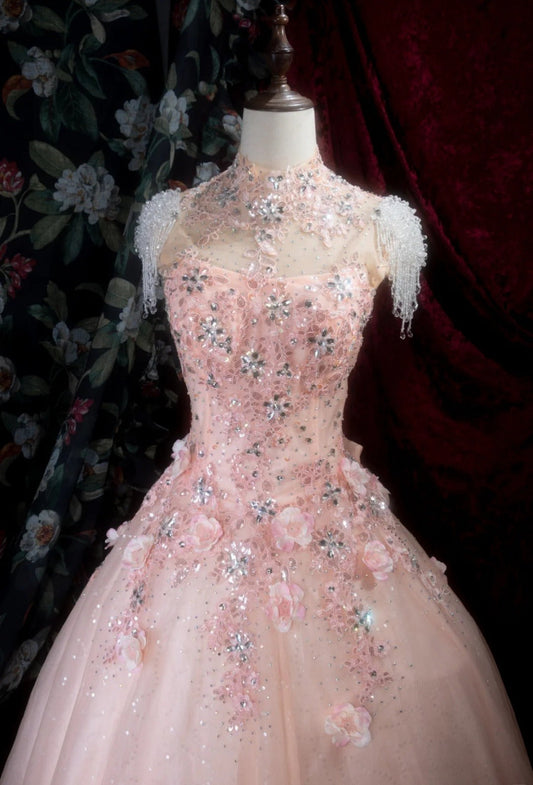 Classy Pink Prom Dress Tulle Sequins High Neck A-Line Evening Dress Sleeveless Birthday Dress ED05240
