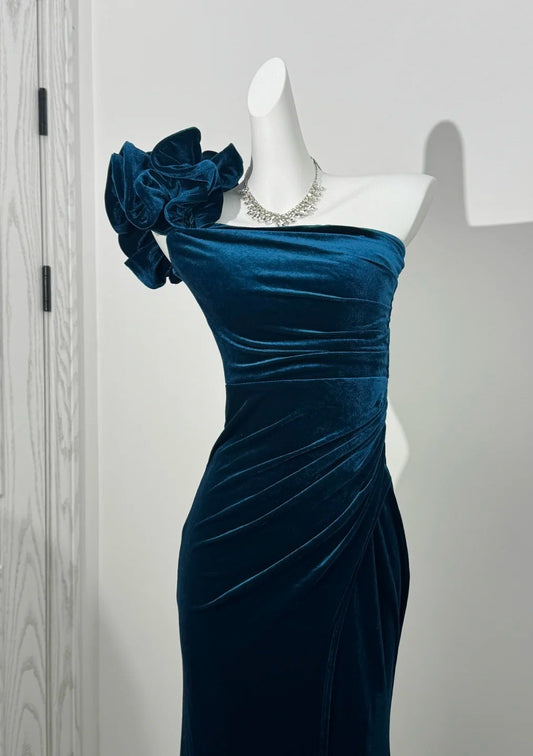 Elegant Teal Prom Dress One-shoulder Sheath Velvet Long Evening Dress DP05280