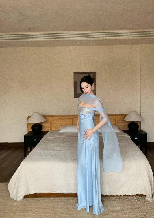 Elegant Blue Prom Dress Straps Satin Sheath Long Evening Dress DP05282
