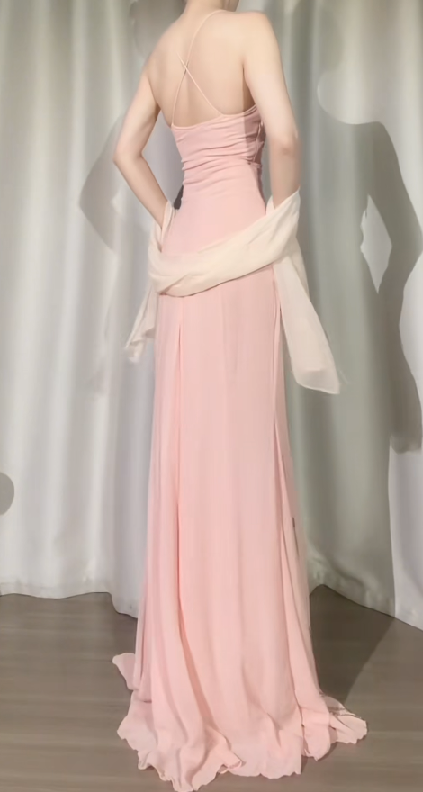 Chic Pink Prom Dress Spaghetti Straps Chiffon Sequins Sheath Long Evening Dress DP05289