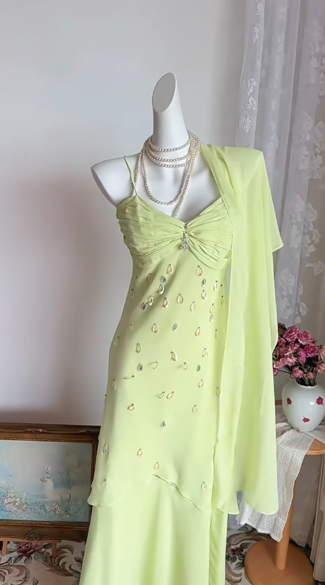 Chic Green Prom Dress Spaghetti Straps Chiffon Sheath Long Evening Dress DP05290
