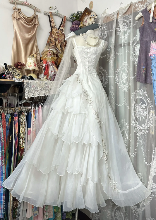 Chic White Long Wedding Dress A-Line Straps Tulle Bridal Dress Sleeveless Bridal Gowns DP05300