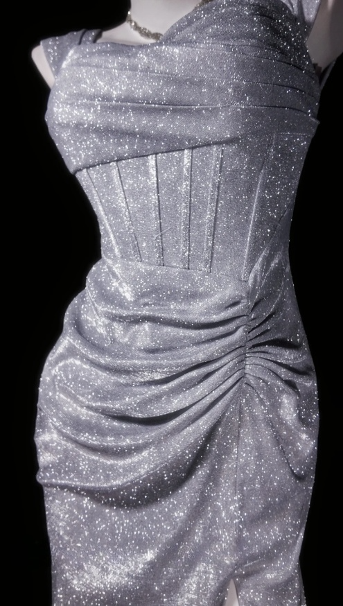 Glitter Satin Evening Dress Straps Sheath Formal Dress Sleeveless Gray Prom dress with Slit DP05309