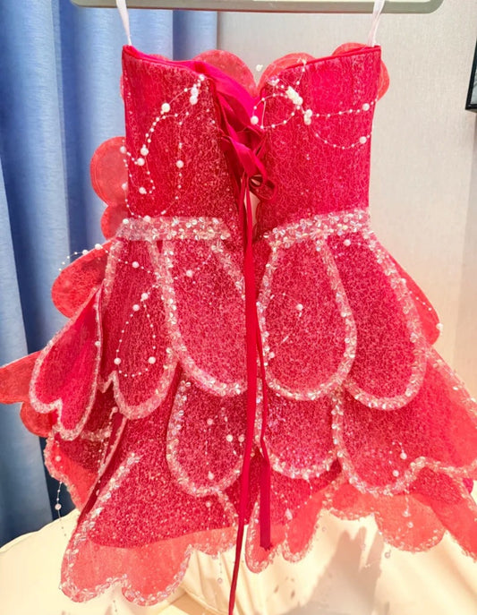 Fashion Hot Pink Short Birthday Dress Strapless Prom Dress A-Line Tulle Party Dress DP05312