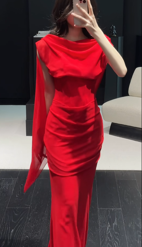 Chic Red Prom Dress Sheath Swing Neck Chiffon Long Evening Dress DP05319