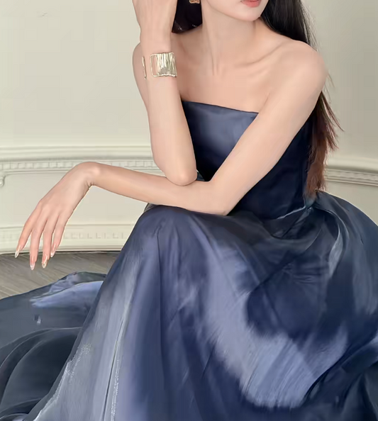 Chic Sheath Long Evening Dress Strapless Satin Party Dress Navy Blue Prom Dress DP05332