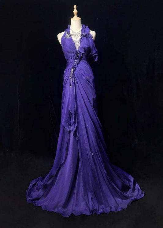 Chic Halter Sheath Chiffon Long Evening Dress Purple Prom Dress DP05355