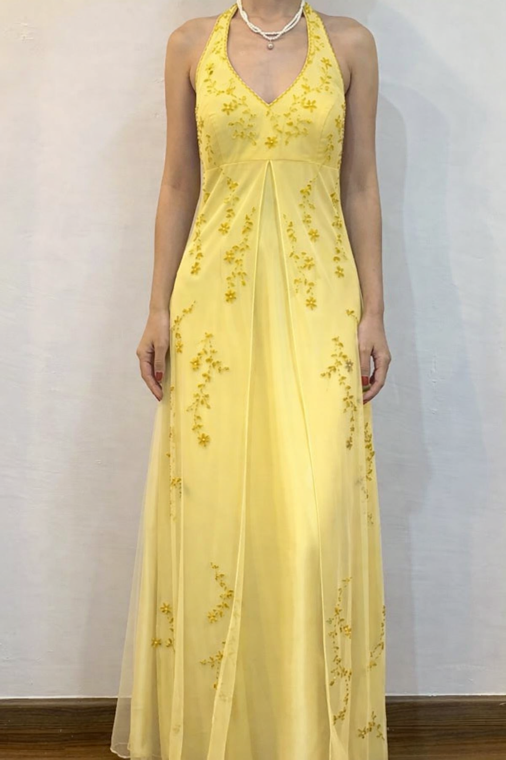 Chic Yellow Prom Dress Halter Sheath Chiffon Beaded Long Evening Dress Sleeveless Formal Dress DP05382
