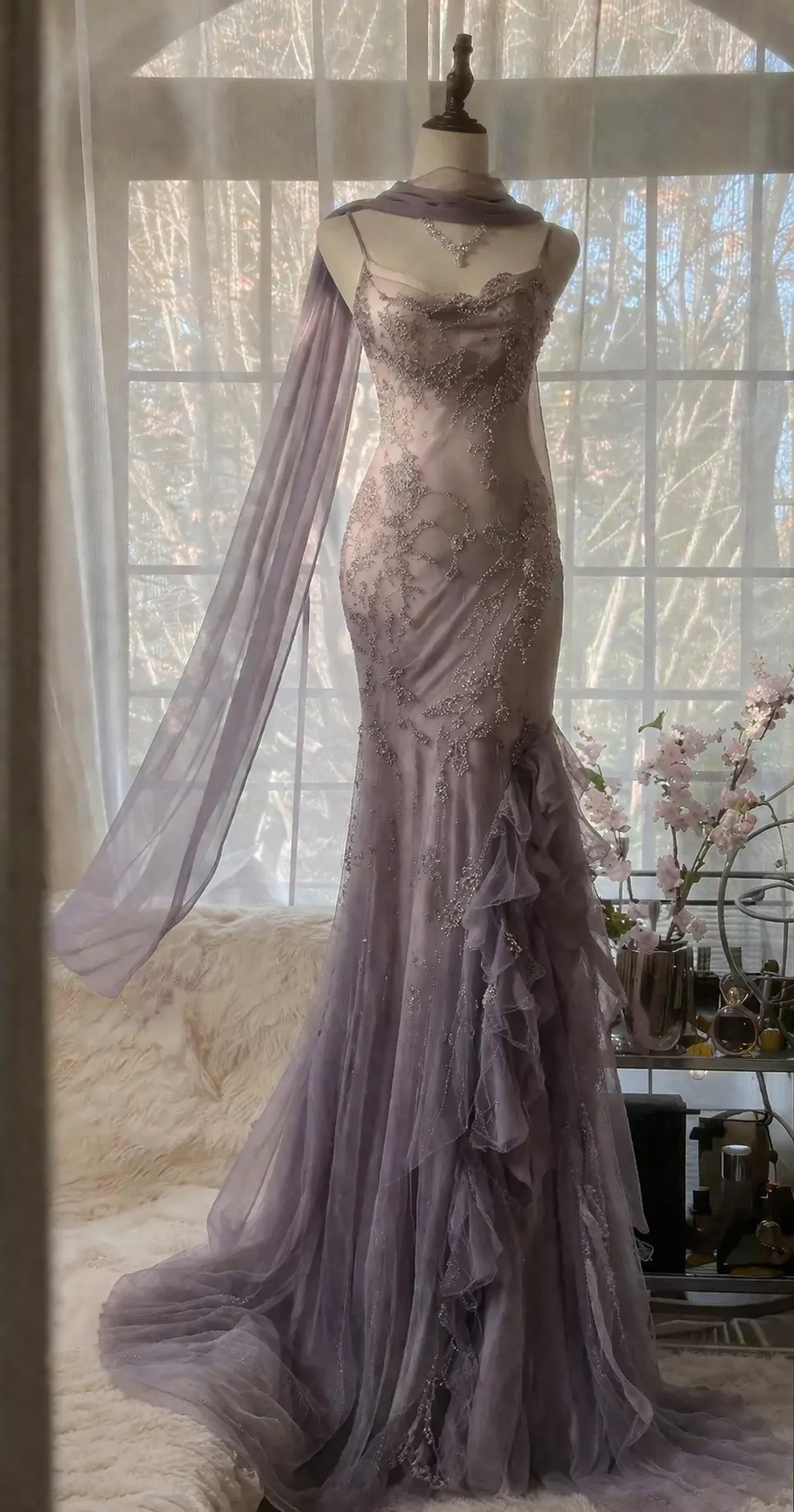 Chic Dusty Purple Prom Dress Spaghetti Straps Sheath Chiffon Beaded Long Evening Dress Sleeveless Formal Dress DP05387