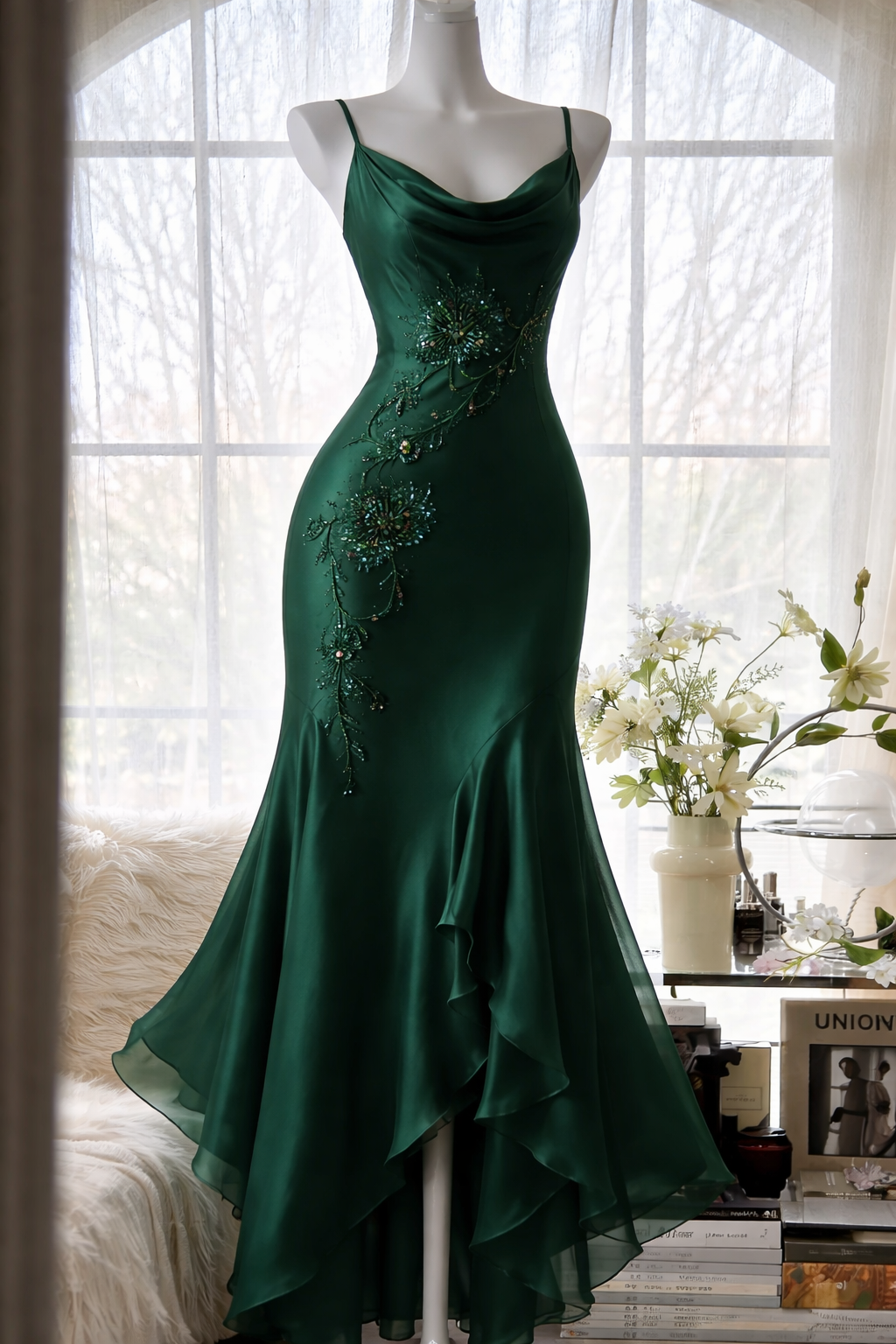 Classy Dark Green Short Prom Dress Spaghetti Straps Formal Dress Sheath Chiffon Beaded Evening Dress DP05409