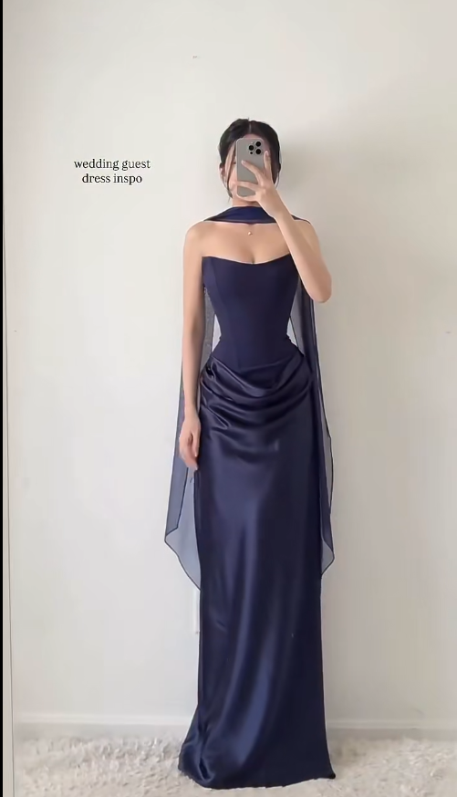 Chic Navy Blue Wedding Guest Dress Strapless Sheath Satin Long Evening Dress DP05448