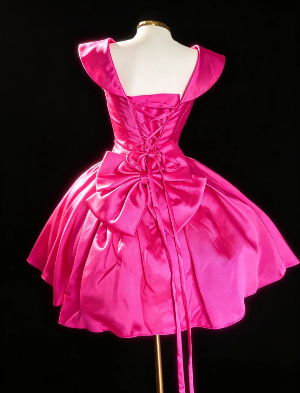 Cute V-neck A-Line Birthday Dress Satin Cocktail Dress Hot Pink Graduation Party Dress DP05485