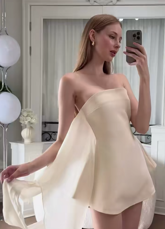 Chic White Short Prom Dress A-Line Chiffon Birthday Dress Strapless Cocktail Dress DP05488
