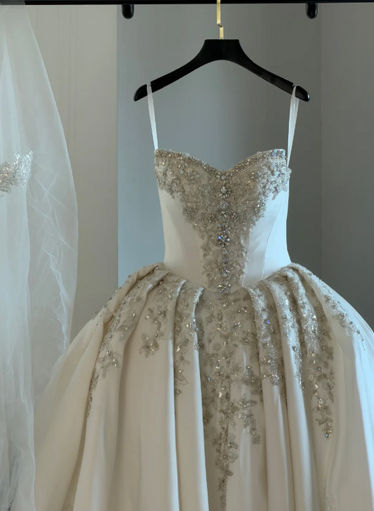 Elegant White Wedding Dress Strapless A-Line Bridal Dress Beaded Satin Bridal Gown DP05495