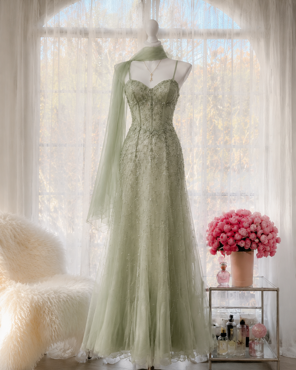 Chic Green Prom Dress Spaghetti Straps A-Line Beaded Tulle Long Evening Dress DP05501