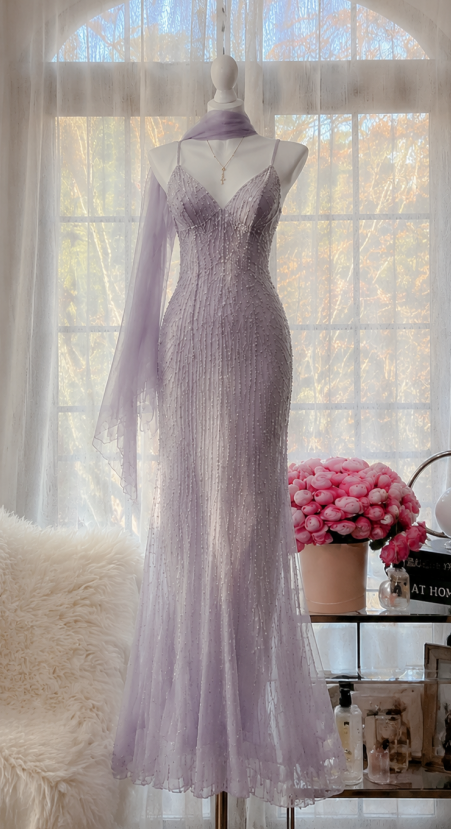 Chic Lavender Prom Dress Spaghetti Straps Sheath Beaded Chiffon Long Evening Dress DP05504