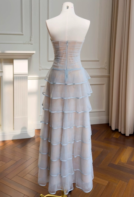 Elegant Strapless A-Line Tulle Long Evening Dress Blue Prom Dress DP05514