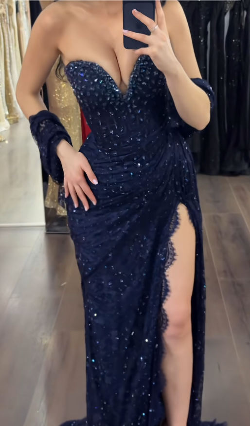Elegant Sweetheart Sheath Lace Long Evening Dress Rhinstone Navy Blue Prom Dress DP05523