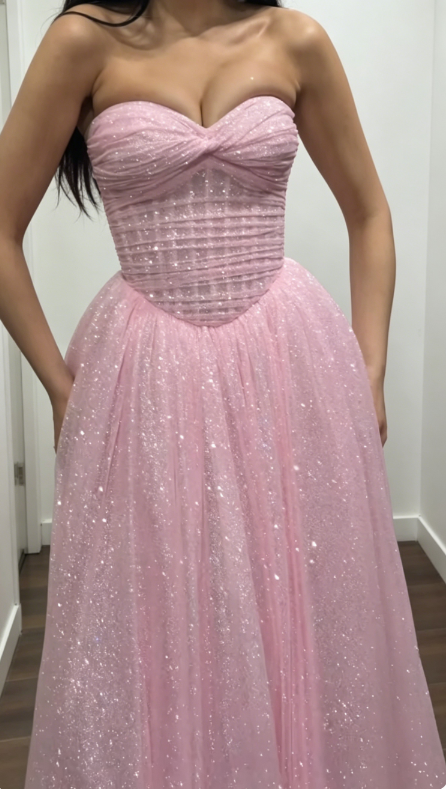 Elegant Sweetheart A-Line Tulle Long Evening Dress Glitter Pink Prom Dress DP05524