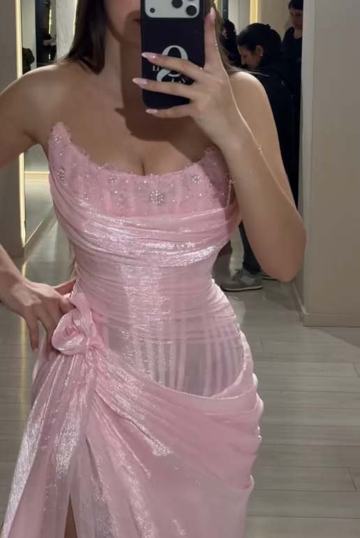 Chic Strapless Sheath Chiffon Long Evening Dress Pink Prom Dress DP05535