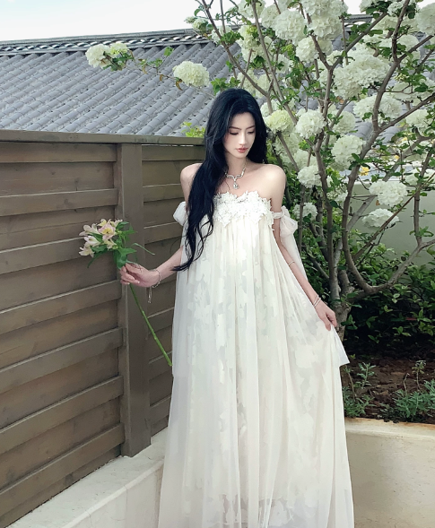 Chic Off-shoulder Sheath Vacation Dress White Wedding Guest Dress Chiffon Beach Party Dress DP05544