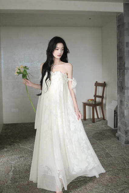 Chic Off-shoulder Sheath Vacation Dress White Wedding Guest Dress Chiffon Beach Party Dress DP05544