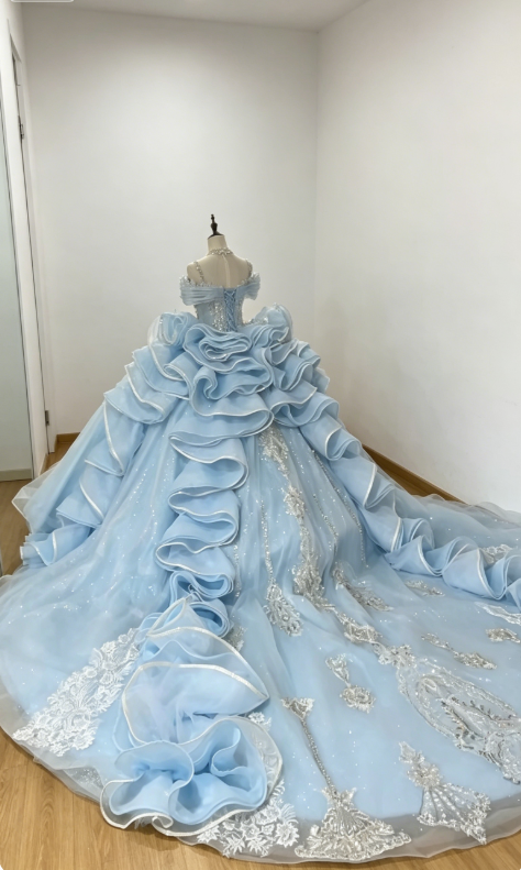Chic Off-shoulder Ball Gown Birthday Dress Tulle Beaded Quinceanera Dress Pale Blue Sweet 16 Dress DP05559