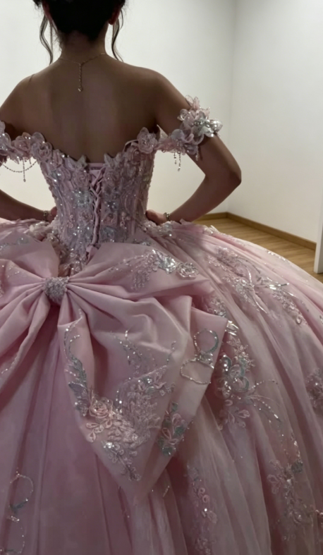Chic Off-shoulder Ball Gown Birthday Dress Tulle Beaded Quinceanera Dress Pink Sweet 16 Dress DP05560