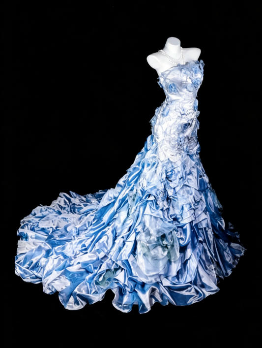 Chic Strapless Sheath Satin Applique Long Evening Dress Blue Prom Dress DP05578