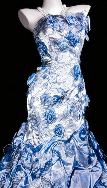 Chic Strapless Sheath Satin Applique Long Evening Dress Blue Prom Dress DP05578