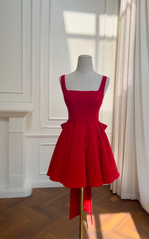 Chic Straps Birthday Dress A-line Satin Short Prom Dress Red Cocktail Dress DP05582