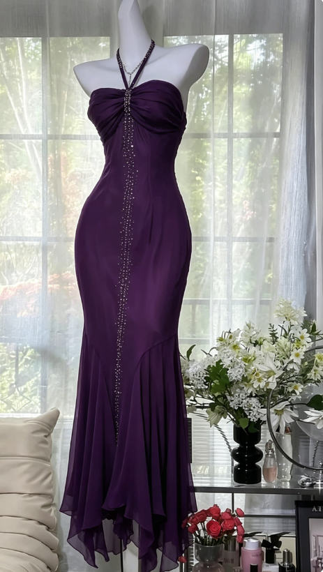 Chic Halter Mermaid Chiffon Beaded Long Evening Dress Dark Purple Prom Dress DP05587