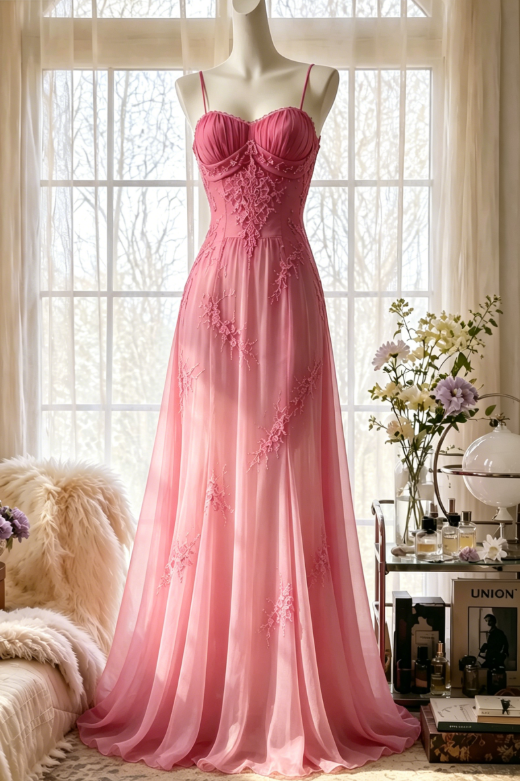 Chic Spaghetti Straps Sheath Chiffon Beaded Long Evening Dress Hot Pink Prom Dress DP05588