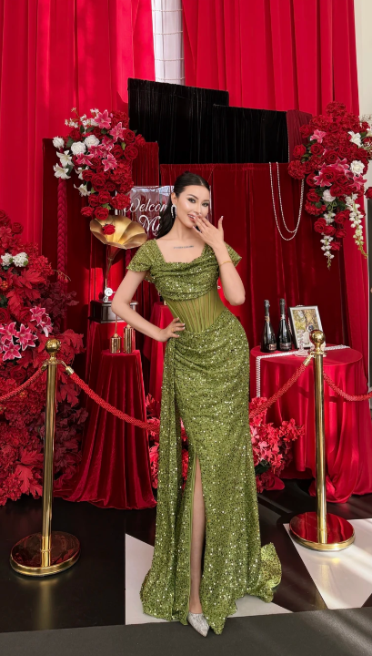 Fashion Sheath Tulle Sequins Long Evening Dress Olive Green Prom Dress DP05596