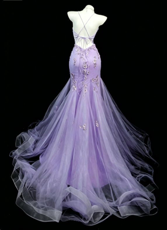 Gorgeous Spaghetti Straps Mermaid Tulle Appliques Long Evening Dress Purple Prom Dress DP05605