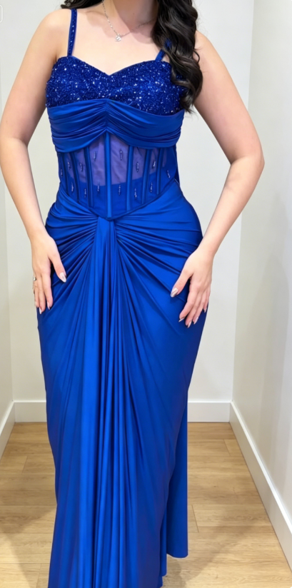 Elegant Spaghetti Straps Sheath Satin Long Evening Dress Royal Blue Prom Dress DP05642