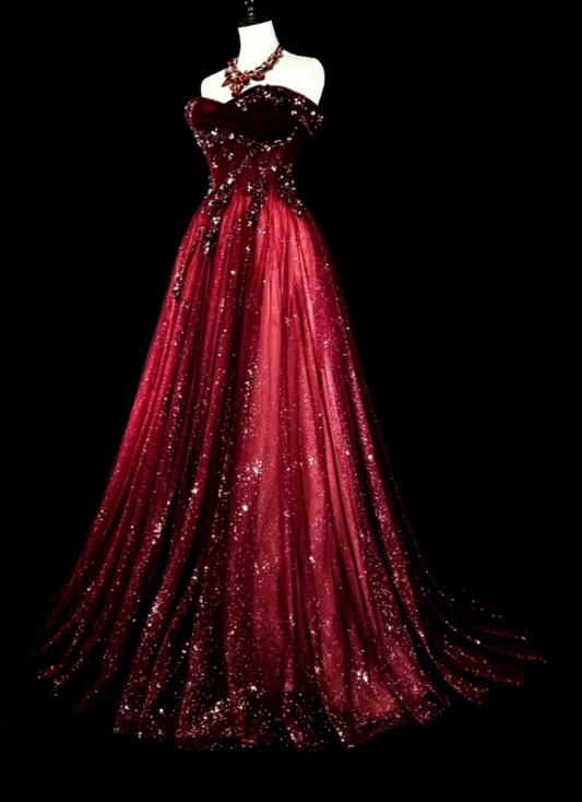 Gorgeous Off-shoulder A-Line Quinceanera Dress Tulle Sequins Long Burgundy Sweet 16 Dress DP05649