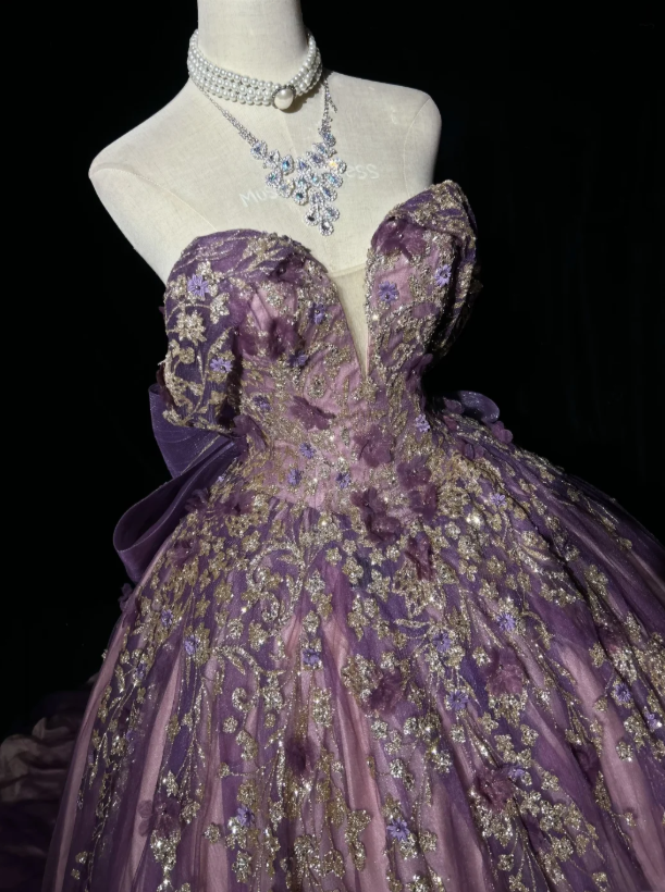 Gorgeous Off-shoulder A-Line Quinceanera Dress Tulle Applique Long Purple Sweet 16 Dress DP05651