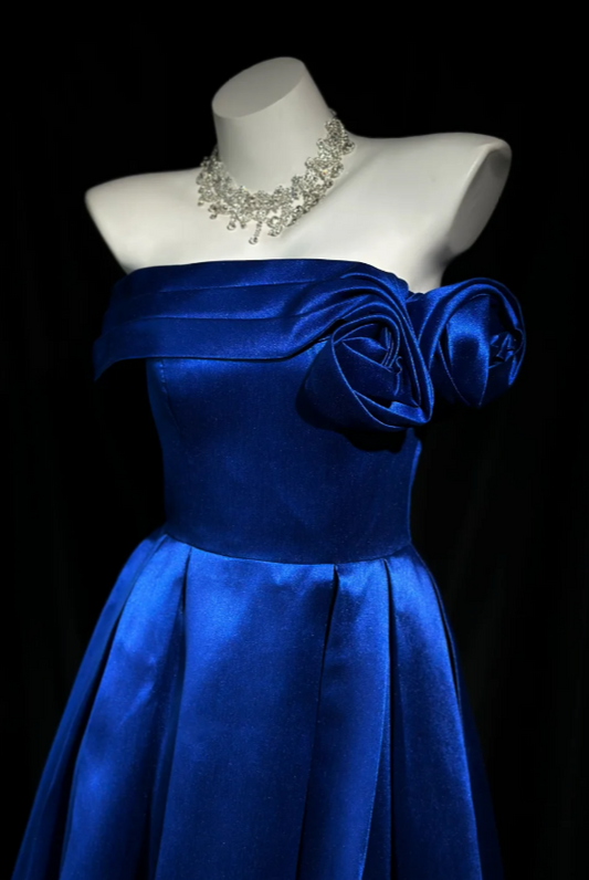 Gorgeous Strapless A-Line Satin Long Evening Dress Blue Prom Dress DP05667
