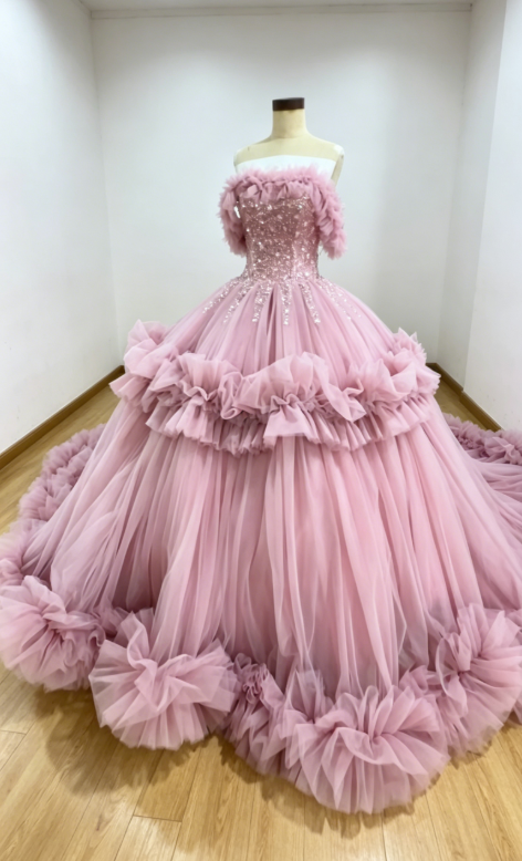 Gorgeous Off-shoulder Ball Gown Quinceanera Dress Tulle Appliqus Long Birthday Dress Pink Sweet 16 Dress DP05675