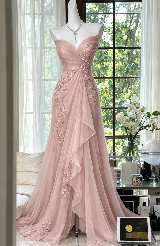 Elegant Pink Wedding Guest Dress Sweetheart Sheath Beaded Chiffon Long Evening Dress DP05712