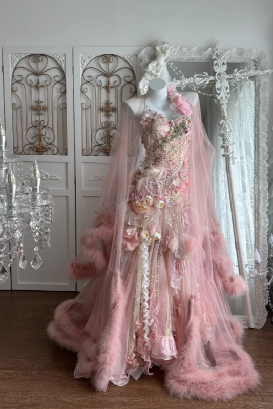 Glam Pink Prom Dress Halter Sheath Tulle Beaded Long Evening Dress DP05746