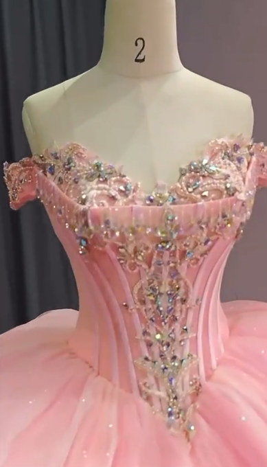 Fairy Off-shoulder Ball Gown Quinceanera Dress Tulle Beaded Pink Sweet 16 Dress DP05750