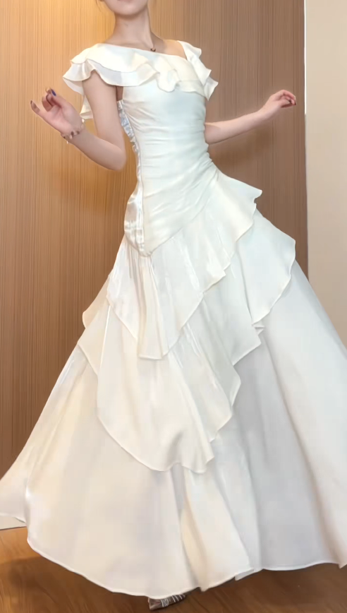 Classy White Birthday Dress, Asymmetrical Collar Sheath Chiffon Long Evening Dress DP05772