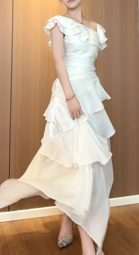 Classy White Birthday Dress, Asymmetrical Collar Sheath Chiffon Long Evening Dress DP05772