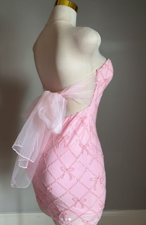 Glam Pink Birthday Dress, Strapless Sheath Cocktail Dress Beaded Tulle Homecoming Dress DP05782